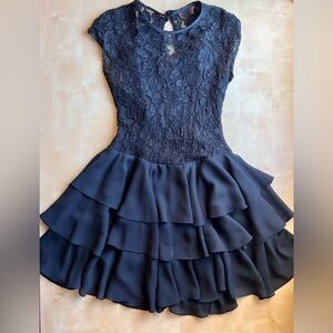 Vintage 80s/90s Black Lace and Tiered Ruffle Chiffon Party Dress size 6
